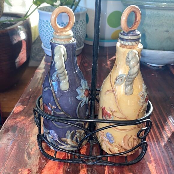 3 Piece Set of Colorful Artisan Oil & Vinegar Ceramic Bottles Black Metal Caddy - Picture 1 of 9